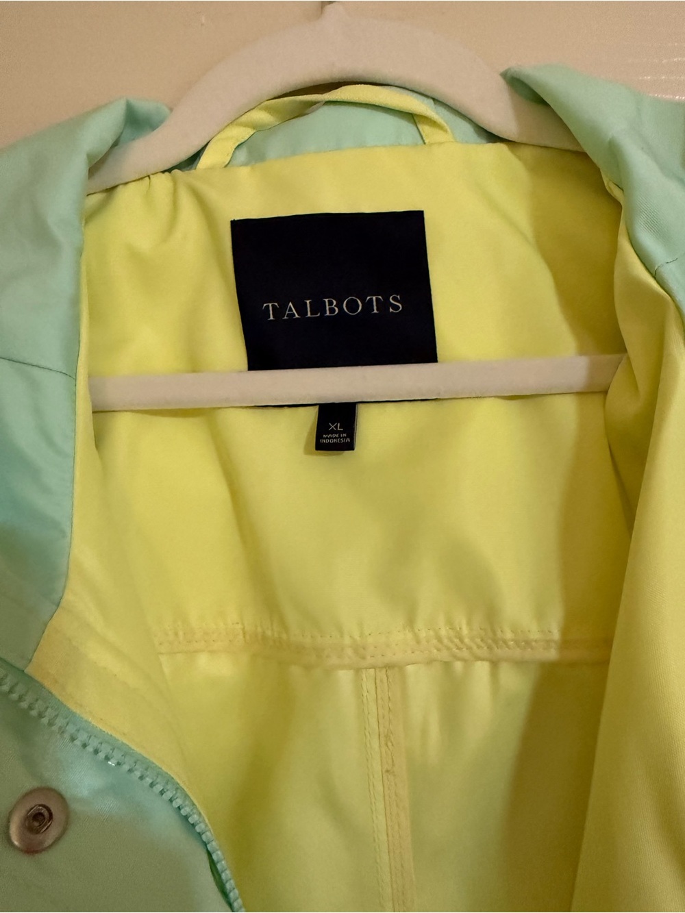 Talbots Light Yellow Hooded Trench Coat/Rain Jacket with Mint Trim - Picture 2 of 6
